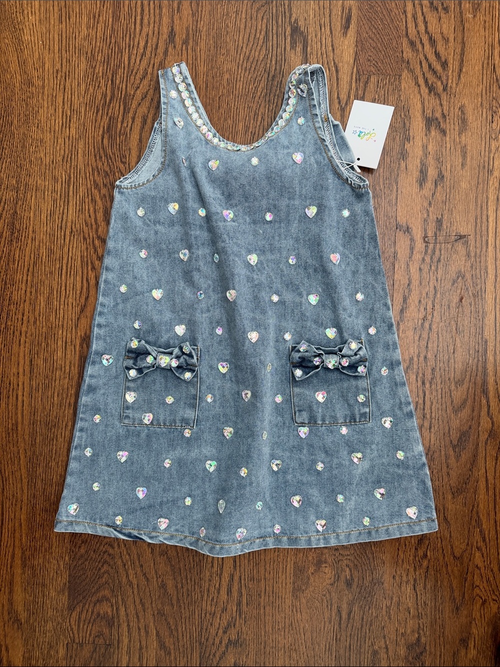 Girls crystal heart and denim bow dress